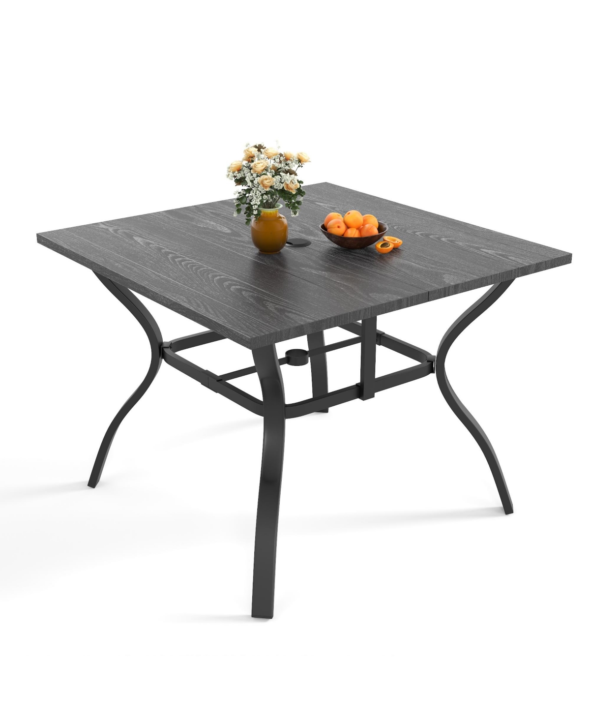 Clihome 37.8in Square Wood Grain Patio Table with Umbrella Hole, 500LB Heavy Duty Metal Frame Dining Table - Black