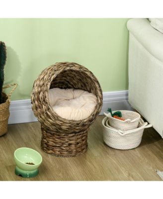 Elevated Cat Bed Handwoven Wicker Basket House with Soft Cushion and Stand