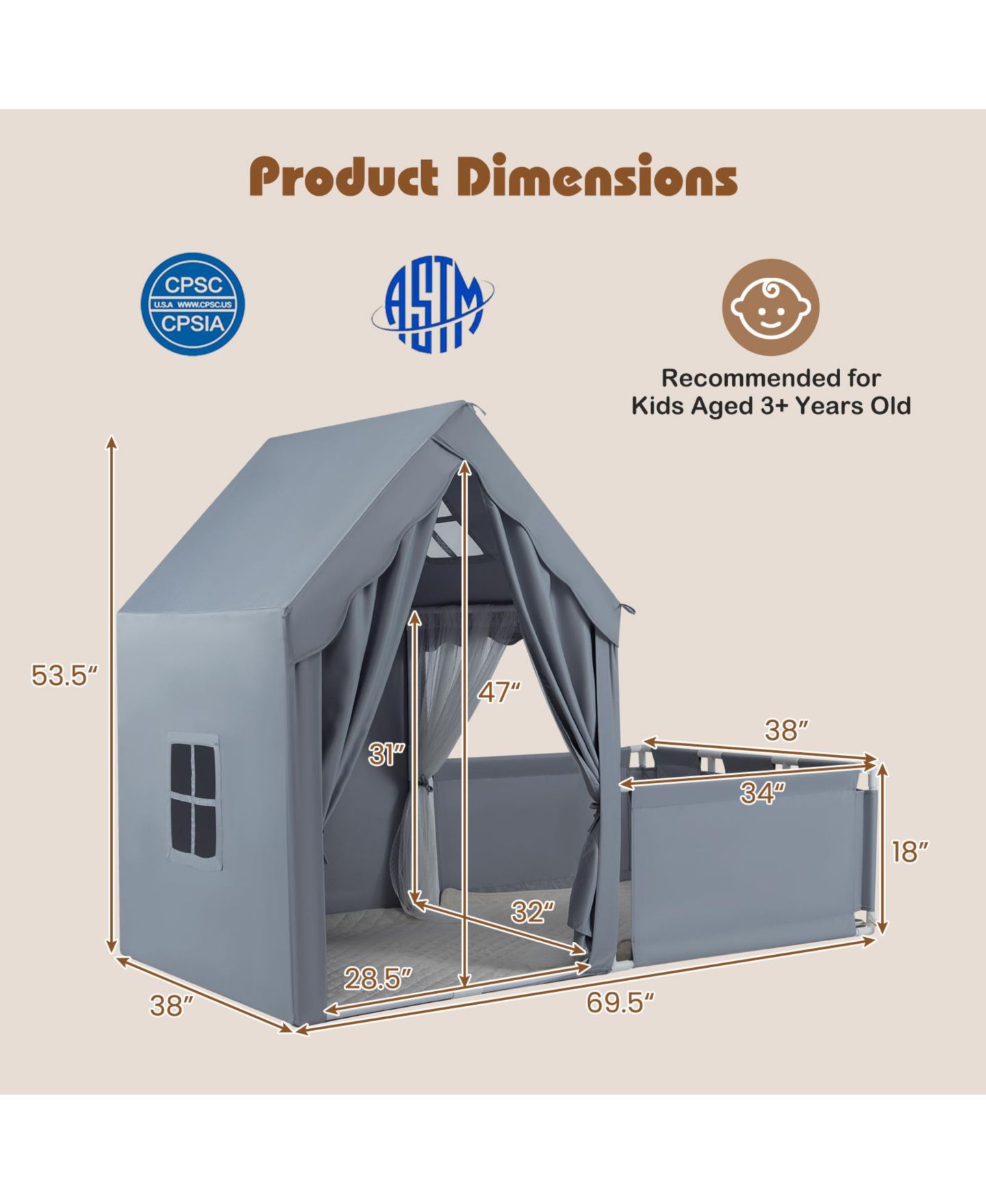Детская игрушка SUGIFT 2-in-1 Play Tent and Playpen Yard with Star String Lights, Ages 3+, цвет: Серый — фото 3