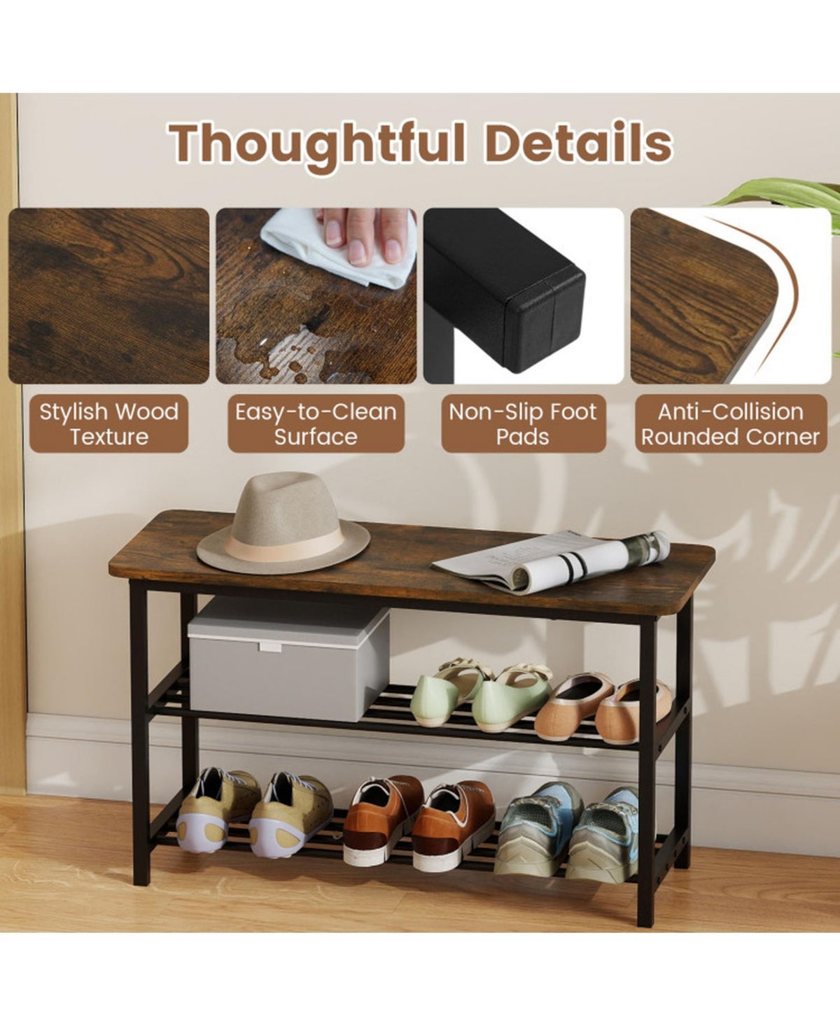 Sugift 3-Tier Shoe Rack Bench with Metal Slat Shelves and Long Wooden Seat