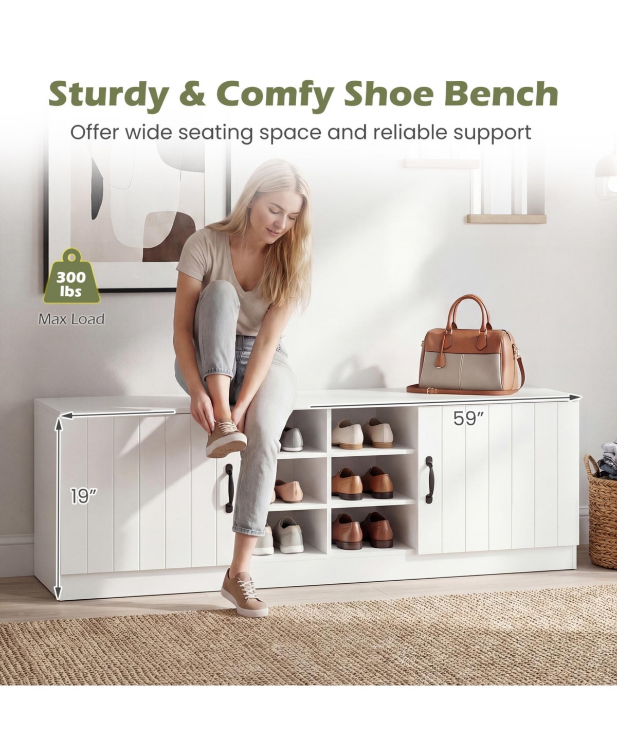 Sugift 2-Door Shoe Bench Storage Cabinet with Adjustable Shelves