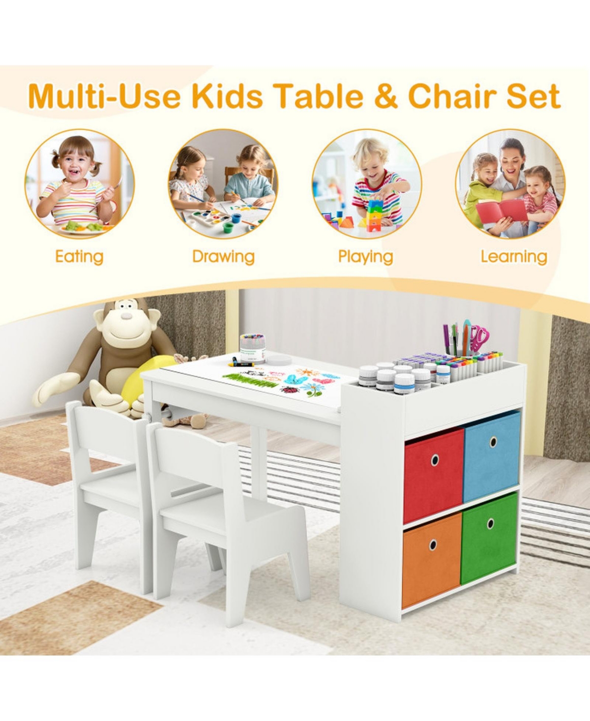 Sugift Kids Art Table and Chairs Set with 2 Chairs and Paper Roll