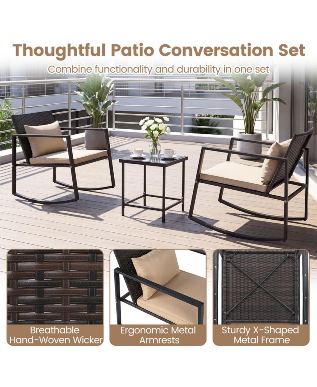 Sugift 3-Piece Outdoor Rocking Bistro Set with Soft Cushions and Tempered Glass Table