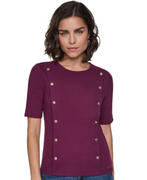 Женский свитер KARL LAGERFELD PARIS Petite Short-Sleeve Crewneck Ribbed-Knit Cotton-Blend, цвет: Вишнёвый