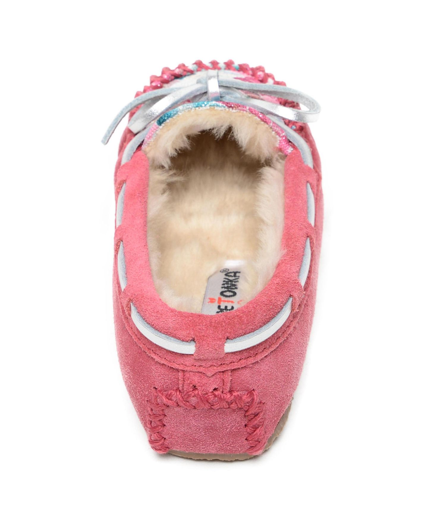 Детские замшевые тапочки Minnetonka Cassie с мехом, размеры 1-13, цвет: Розовый — фото 4
