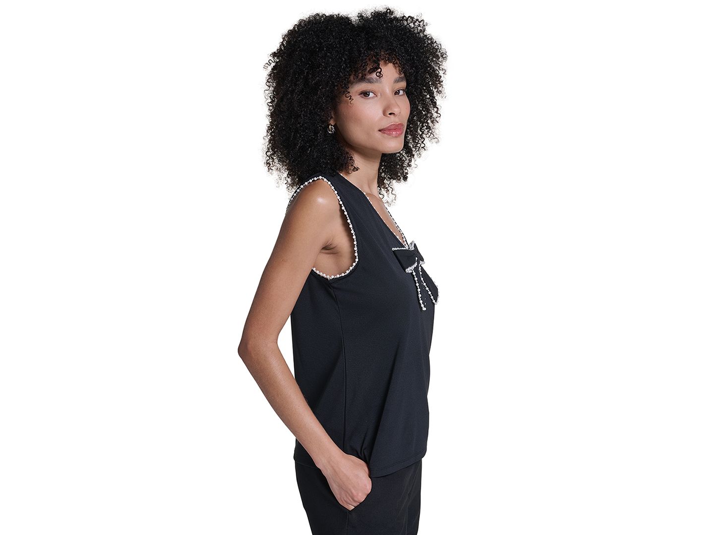 Женская блузка KARL LAGERFELD PARIS Petite Sleeveless V-Neck Bow Detail Blouse, цвет: Чёрный — фото 3