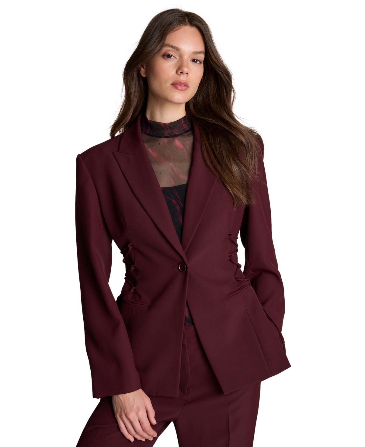 Kenneth Cole Women's Inverted-Pleat Wide-Leg Single Button Lace-Up Blazer - Sugar Beet