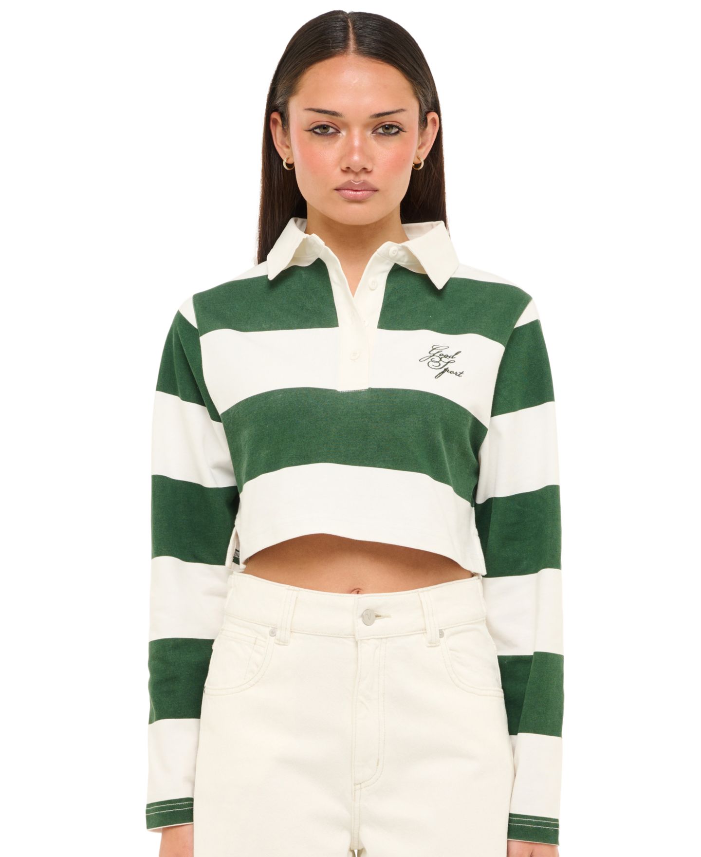 Женское поло Abrand Juniors' Good Sport Striped Cropped Polo, цвет: Зелёный — фото 3