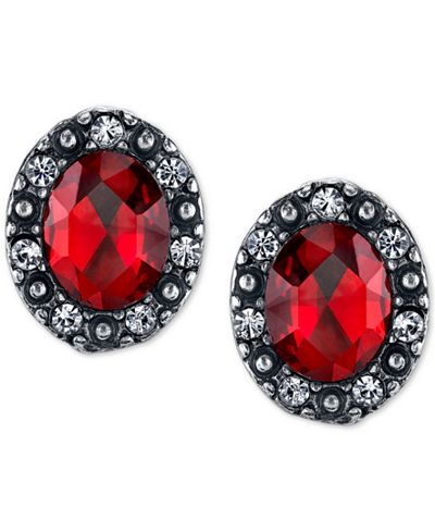 2028 Silver-Tone Red Crystal Button Earrings