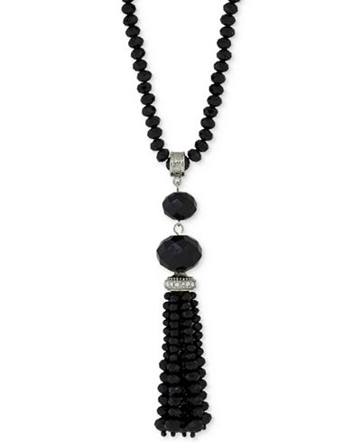 2028 Silver-Tone Jet Stone Tassel Pendant Necklace