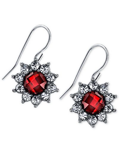 2028 Silver-Tone Crimson Stone Flower Drop Earrings