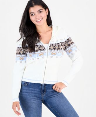 Juniors' Fair Isle Double Zip Hooded Cardigan