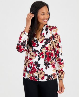 Women's V-Neck Long-Sleeve Floral-Print Blouse