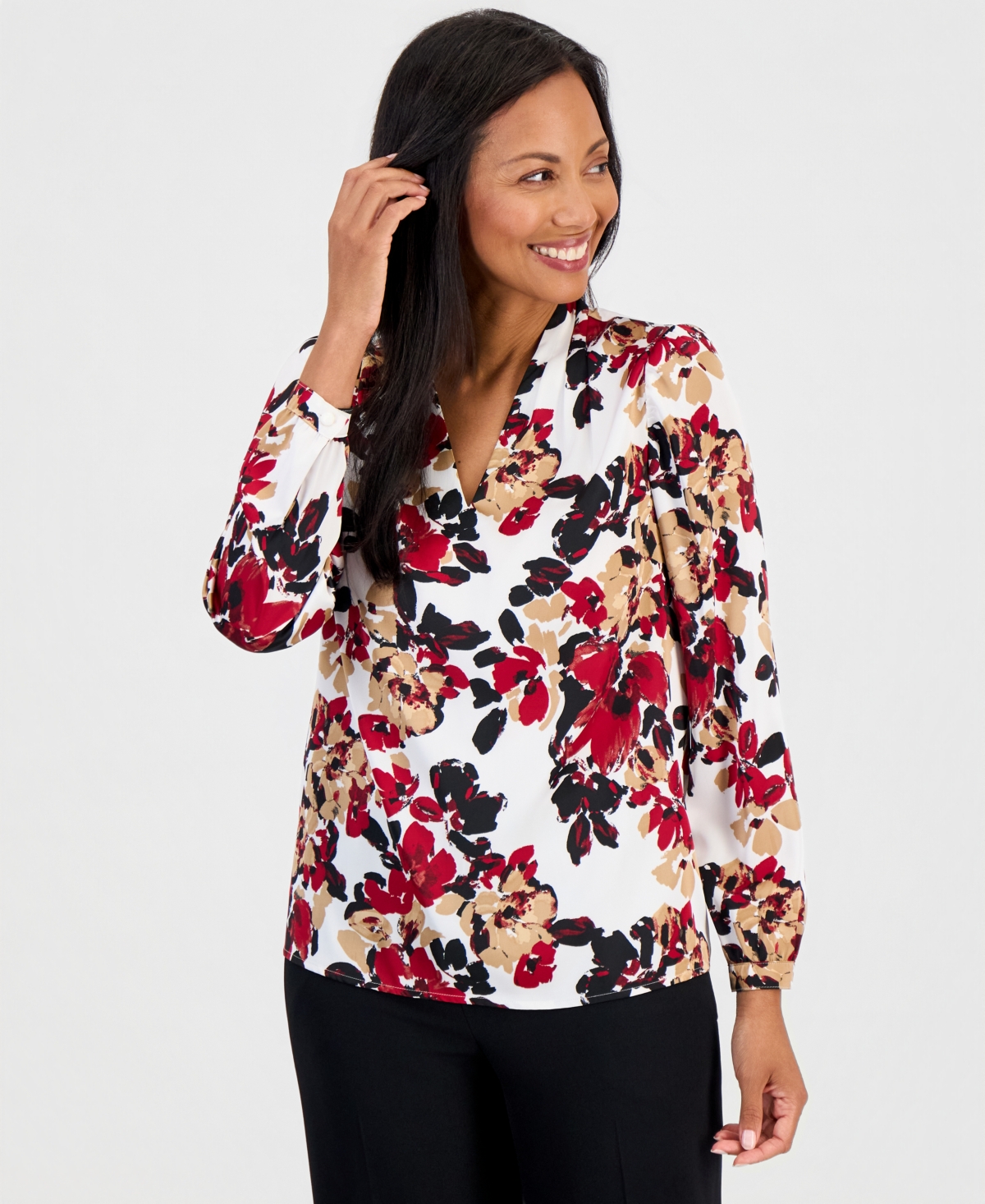Kasper Women's Long Sleeve Satin V-Neck Floral Print Pleated Shoulder Blouse - Vanilla Ice Multi