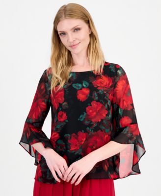 Women's Ruffle 3/4-Sleeve Boat Neck Floral Blouse
