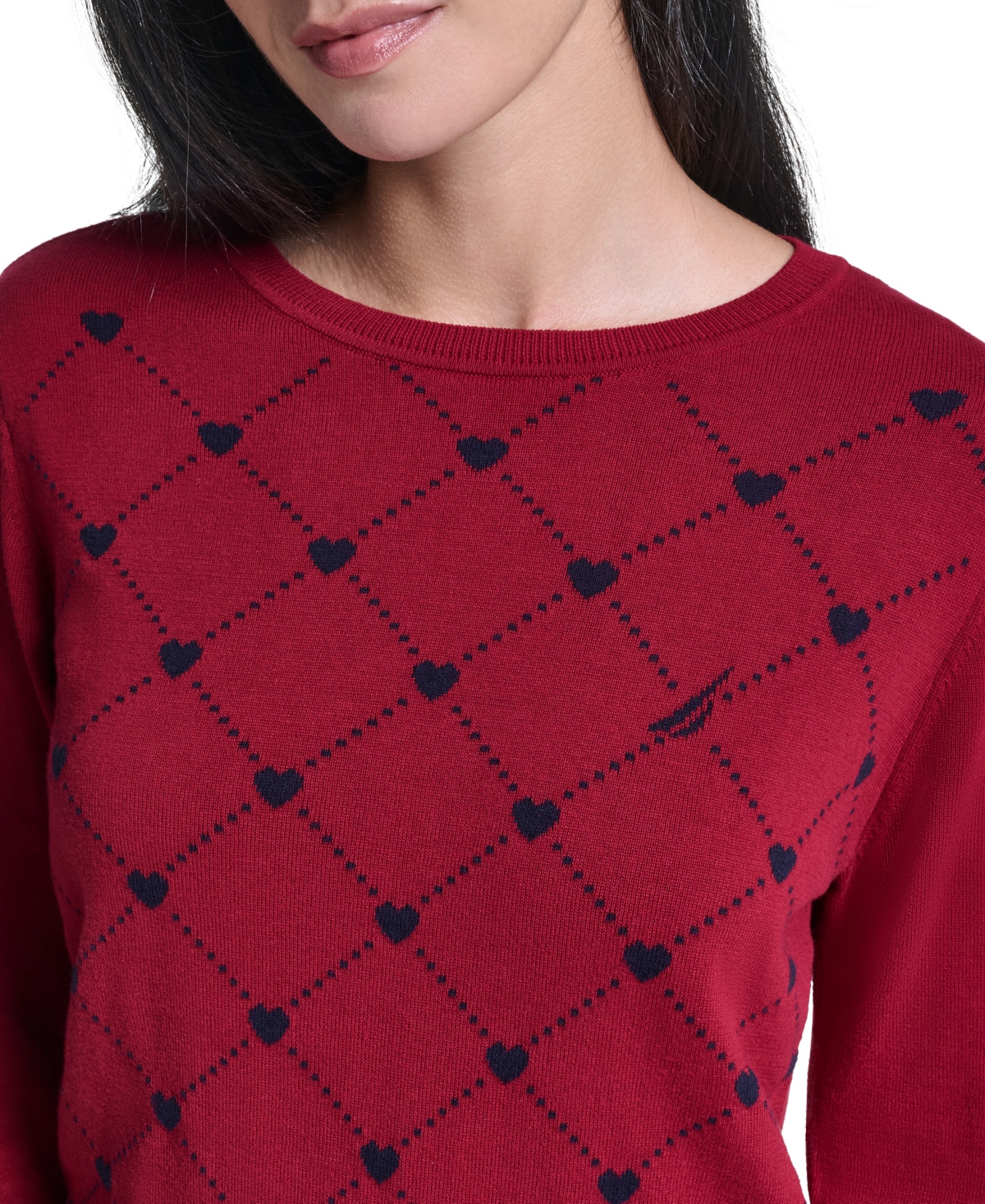 Nautica Women's Argyl Hearts Crewneck Long-Sleeve Cotton Sweater