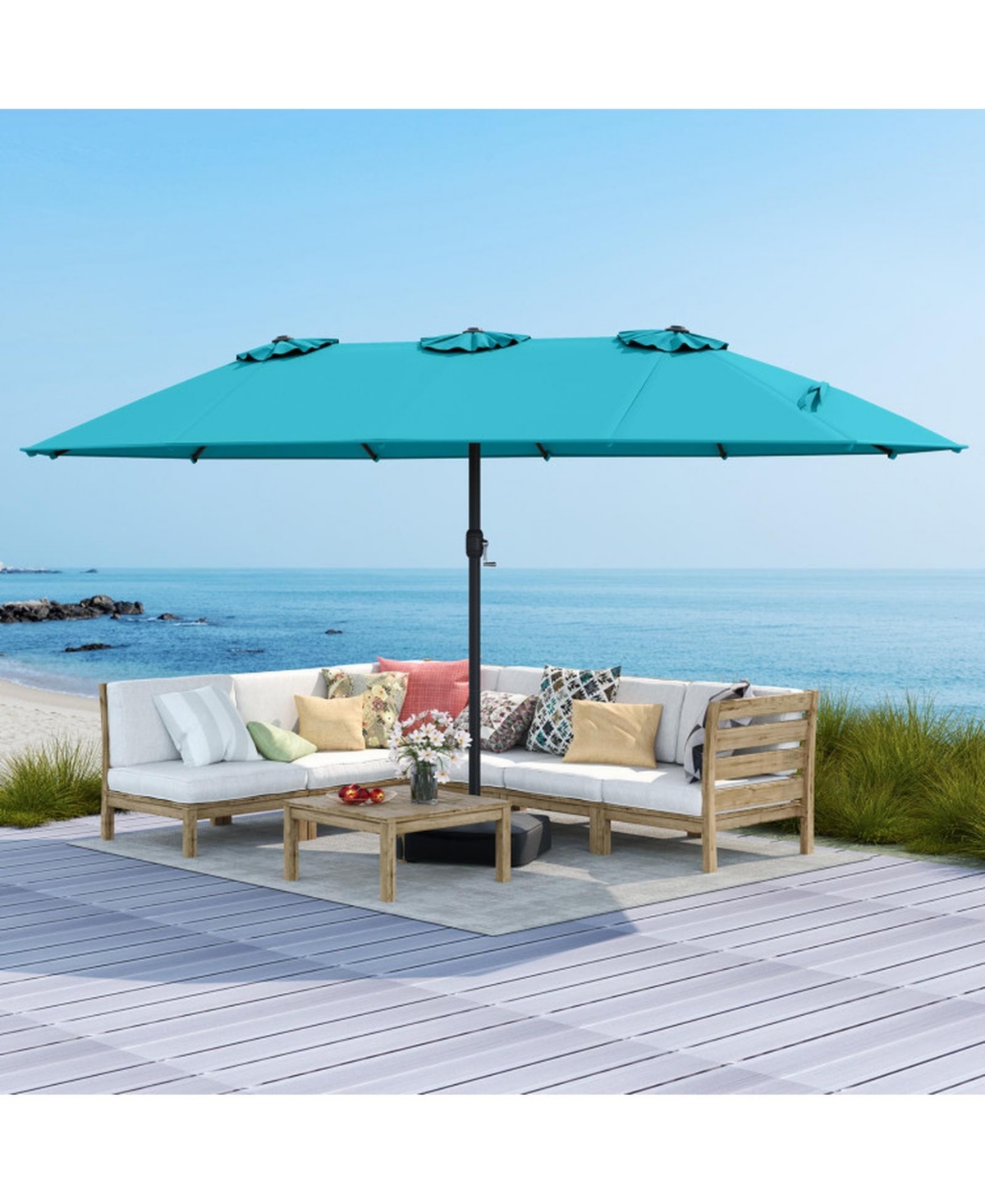 Sugift Double-Sided Twin Patio Umbrella with Crank and Base
