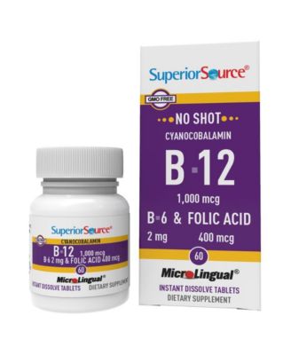 No Shot Vitamin B-12 Cyanocobalamin 1000 mcg, B-6, Folic Acid 400 mcg - 60 Sublingual Dissolving Tablets