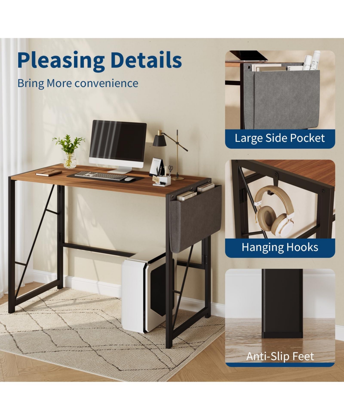 gaomon 39.4" Folding Computer Desk, Home Office Work Desk with Storage Bag and Hook, Foldable Table Gaming Study Writing Desks for Bedroom, Apartment