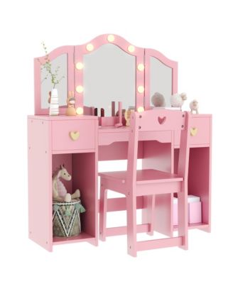Kids Princess Vanity Table and Chair Set, Makeup Dressing Table with Mirror and Lights, Toddler Pretend Play Beauty Toy for Girls
