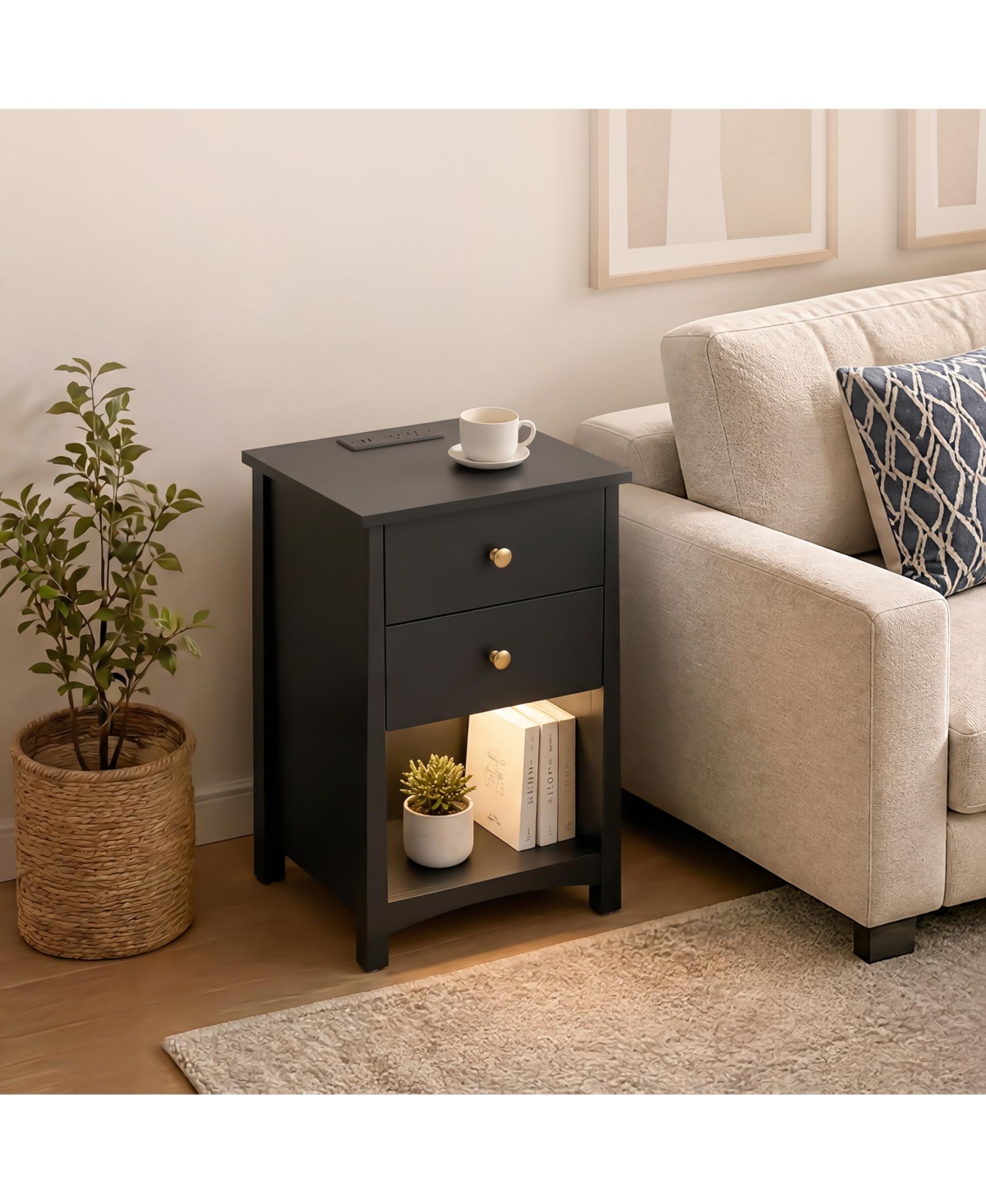 homfan Nightstand with Power Outlets | Open Storage and Led Light Strip, Modern Mid Century Bed Side Table 2 Drawers,