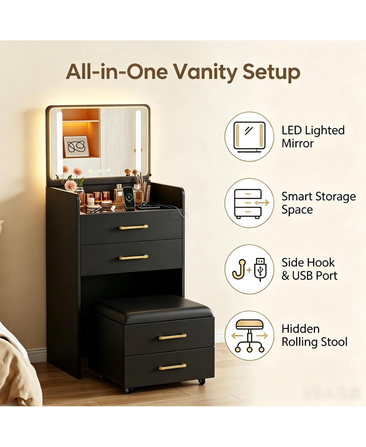 gaomon Mini Makeup Vanity Desk with Led Lighted Mirror, Usb Charging Station, Hidden Rolling Stool