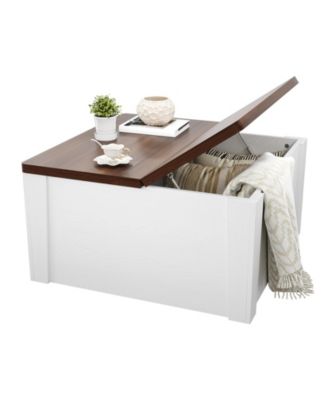 Farmhouse Square Coffee Table-Turn over-Top Hidden Storage Compartment, Gas Struts, Drawers, Easy-Clean Walnut Wood Grain