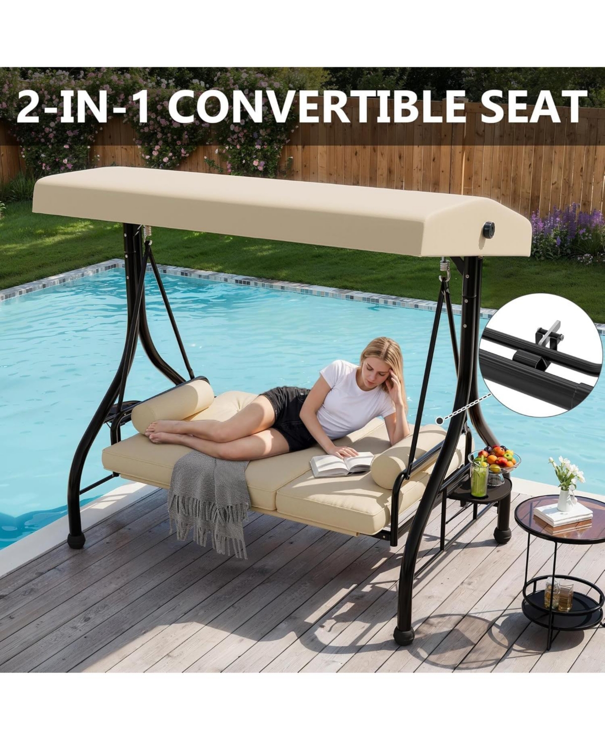 gaomon Outdoor Porch Swing with Adjustable Canopy, 3-Seat Patio Chair Stand, 800LBS Heavy Duty