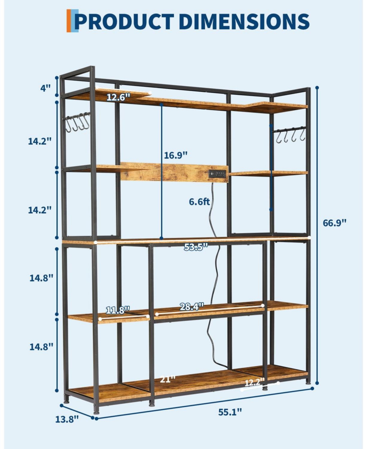 homfan 4-Tier Industrial Baker's Rack with Power Outlet, 6 Hooks and Wire Basket, Adjustable Feet