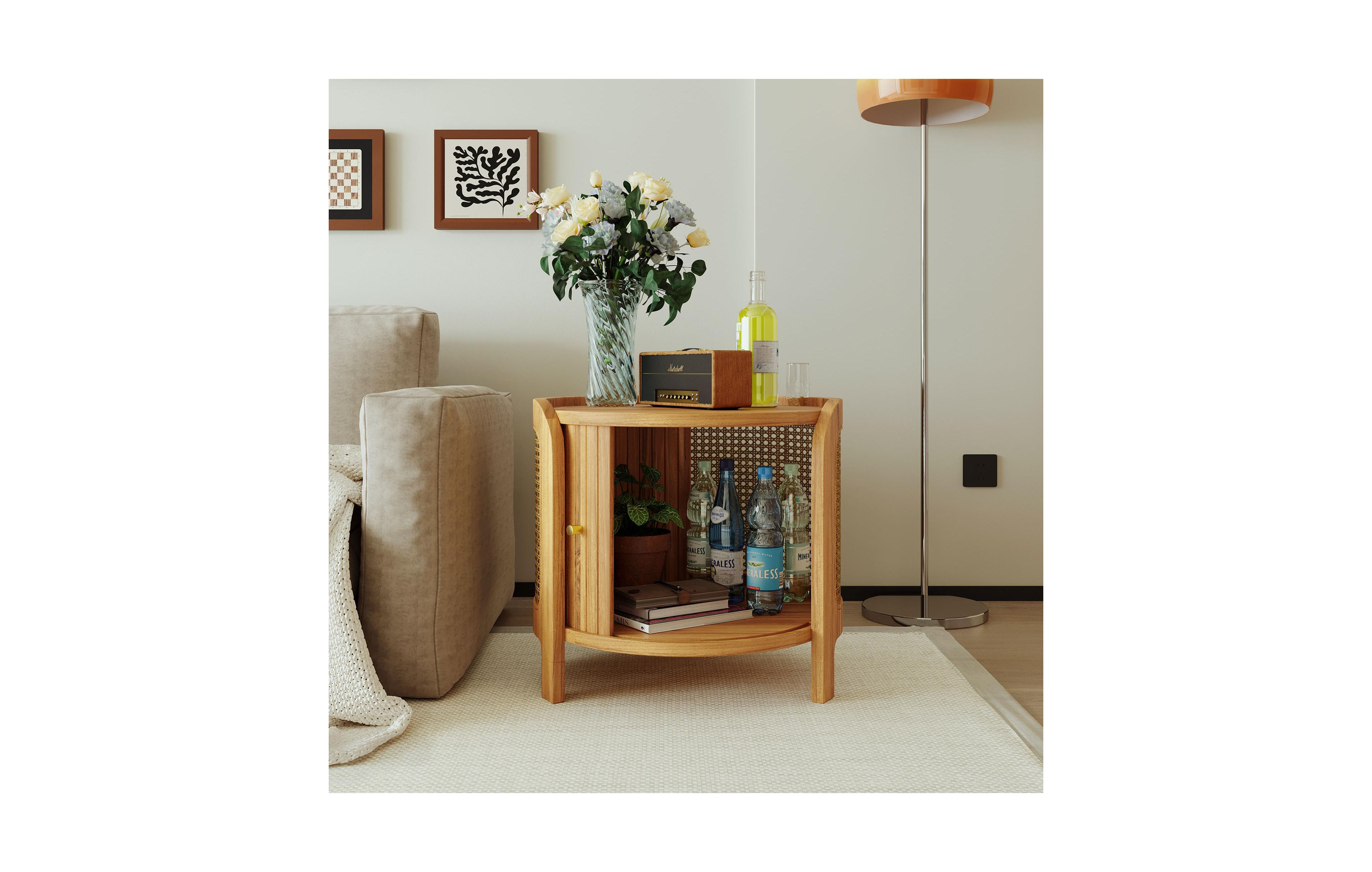 Flynama Round Rotating Coffee Table Rattan Hidden Storage Mdf Modern Living Room Table