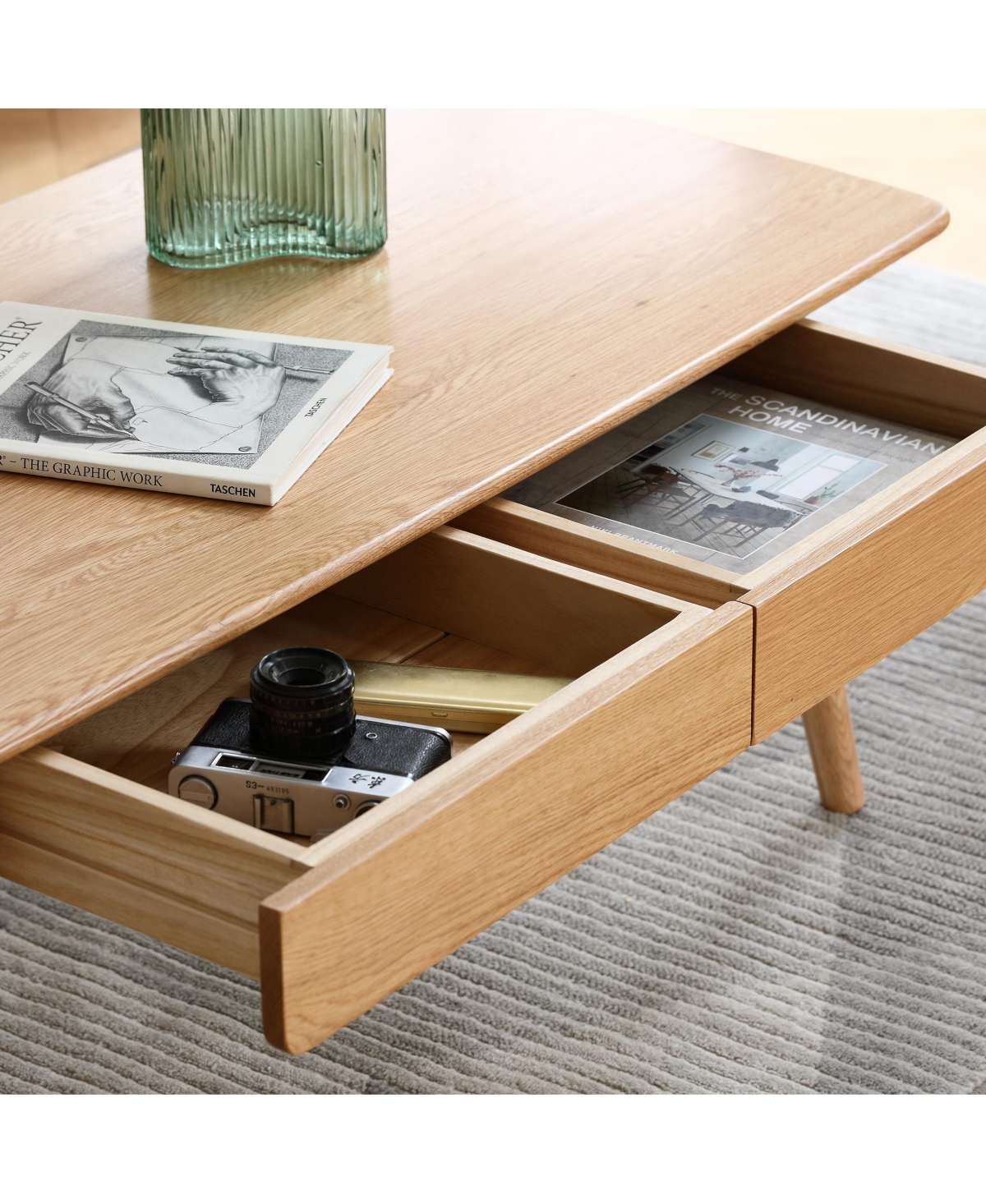 Flynama Solid Wood Coffee Table Oak Center Table with 2 Drawers Study Living Room Desk Natural Wood
