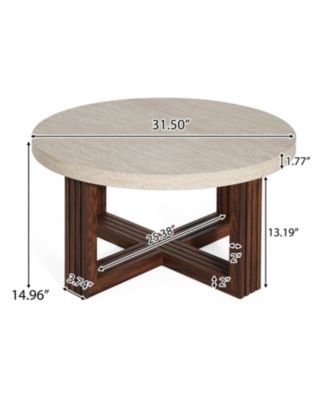 31.5" Round Coffee Table Marble Pattern Top Wood Grain Base Modern Accent