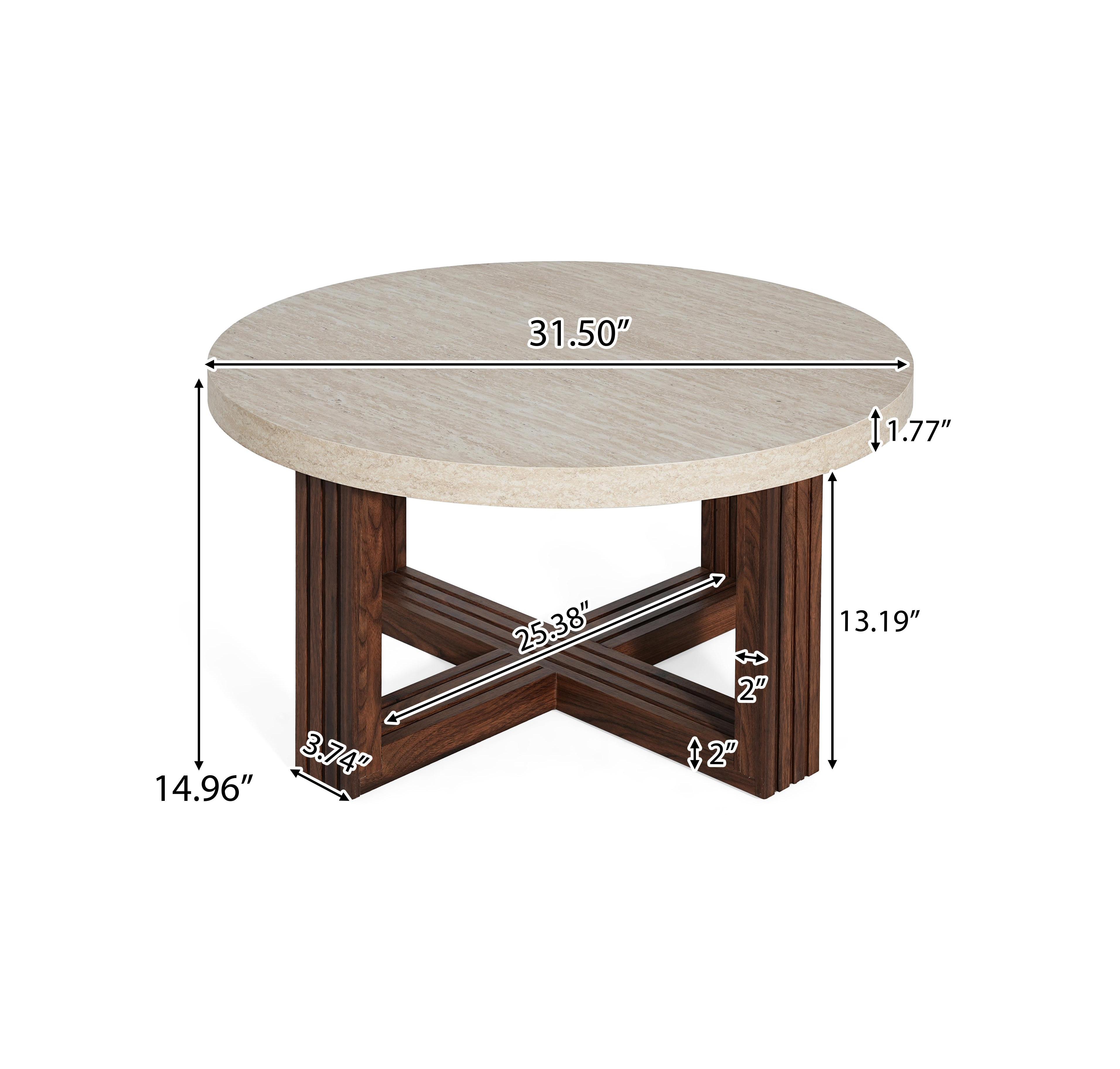 Flynama 31.5" Round Coffee Table Marble Pattern Top Wood Grain Base Modern Accent