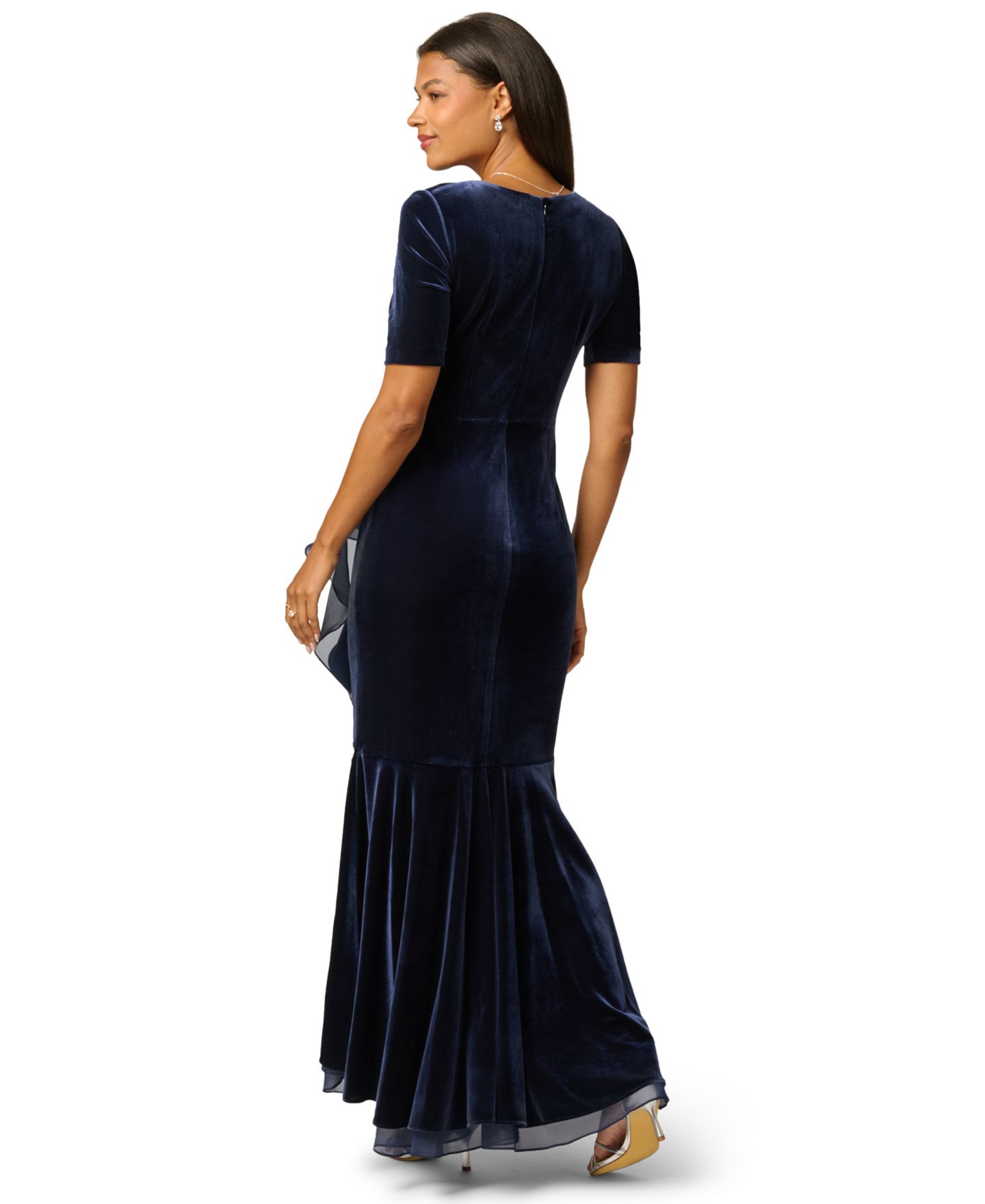 Женское платье Adrianna Papell V-Neck Velvet Cascade Gown, цвет: Тёмно-синий — фото 5