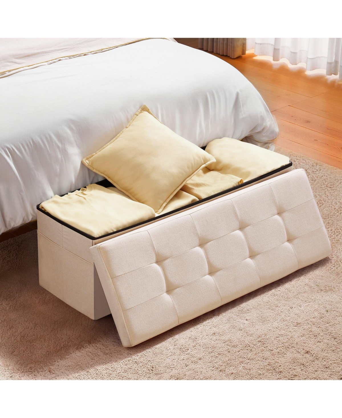 Slickblue Folding Storage Ottoman Bench with Large Hidden Storage, Linen End of Bed for Home