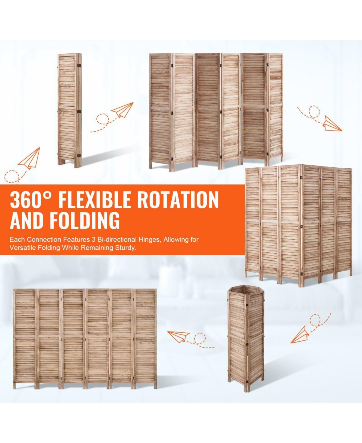 Slickblue 6 Panel Louvered Wood Room Divider, Folding Privacy Screen for Living Room, Office & Restaurant
