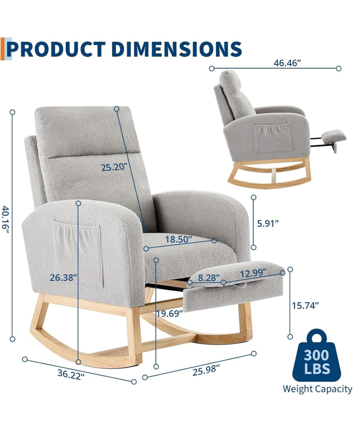 gaomon Set of 2 Soft Fabric Rocking Chairs, Adjustable Footrest and High Backrest, Solid Wood Legs with Dual Side Pockets for Restaurant or Lounge