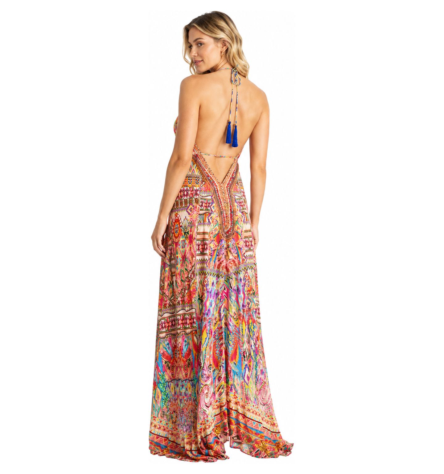 Женское платье La Moda Clothing Halter-Plunge High-Low Maxi, цвет: Коралловый разноцветный — фото 2
