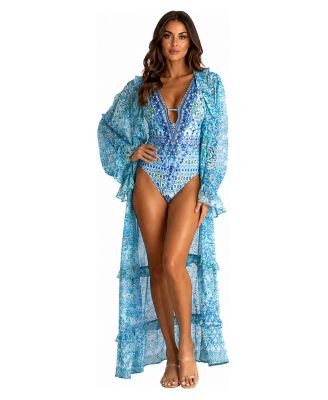 Women's Plunging V-Neck Long-Sleeve Floral-Print One-Piece Swimsuit and Cover-Up Set