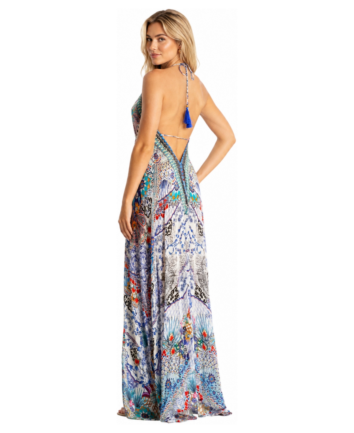 La Moda Clothing Women's Floral-and-Paisley Patchwork Plunge-Halter Open-Back Maxi Dress