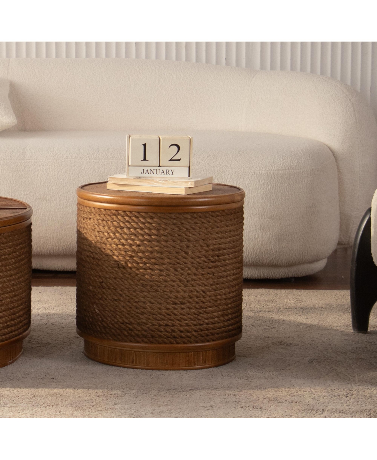 Flynama Boho Rattan Round Coffee Table Lift Top Storage Woven Accent Table No Assembly