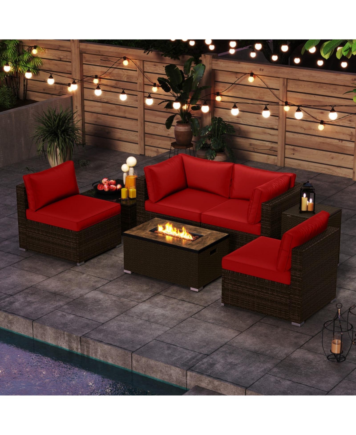 Gouun 7-Piece Wicker Sectional Set with 32 in Fire Pit Table and Tank Cover