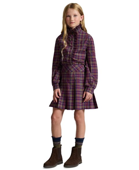 Топ Polo Ralph Lauren Plaid Ruffled Cotton Poplin для девочек, цвет: 240 Фиолетовый зелёный разноцветный клетчатый