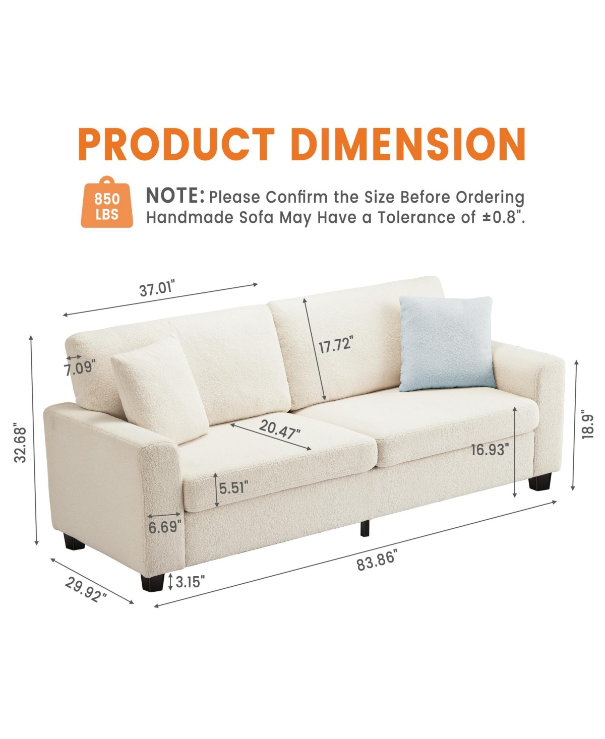 homfan 83" Modern Cloud Couch, Removable Washable Cushion Cover, Loveseat with Deep Seat and Wide Armrest