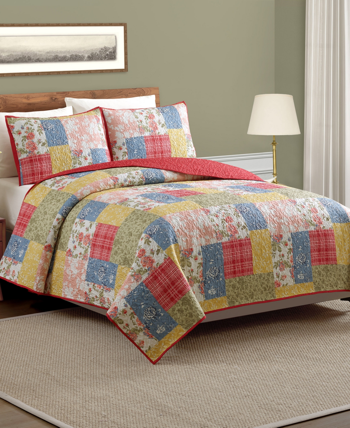 Modern Heirloom Farmhouse Florals Reversible -Piece Quilt Set