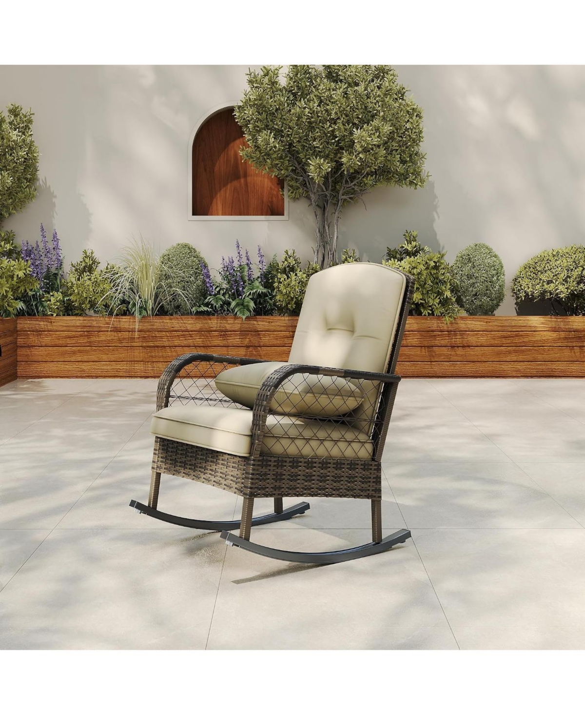 homfan Outdoor Wicker Rocking Chair, High-Back, Thick Cushion, Steel Frame, Ergonomic High-Back Comfort, Handwoven Rattan for Garden, Porch, Deck