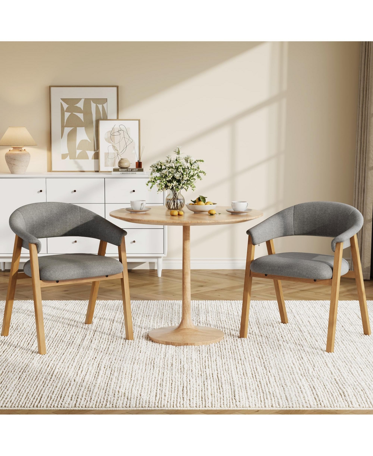 homfan 2 Set of Upholstered Dining Chairs with Arms, Chenille Fabric Armchair Wooden Legs and Curved Backrest, Accent for