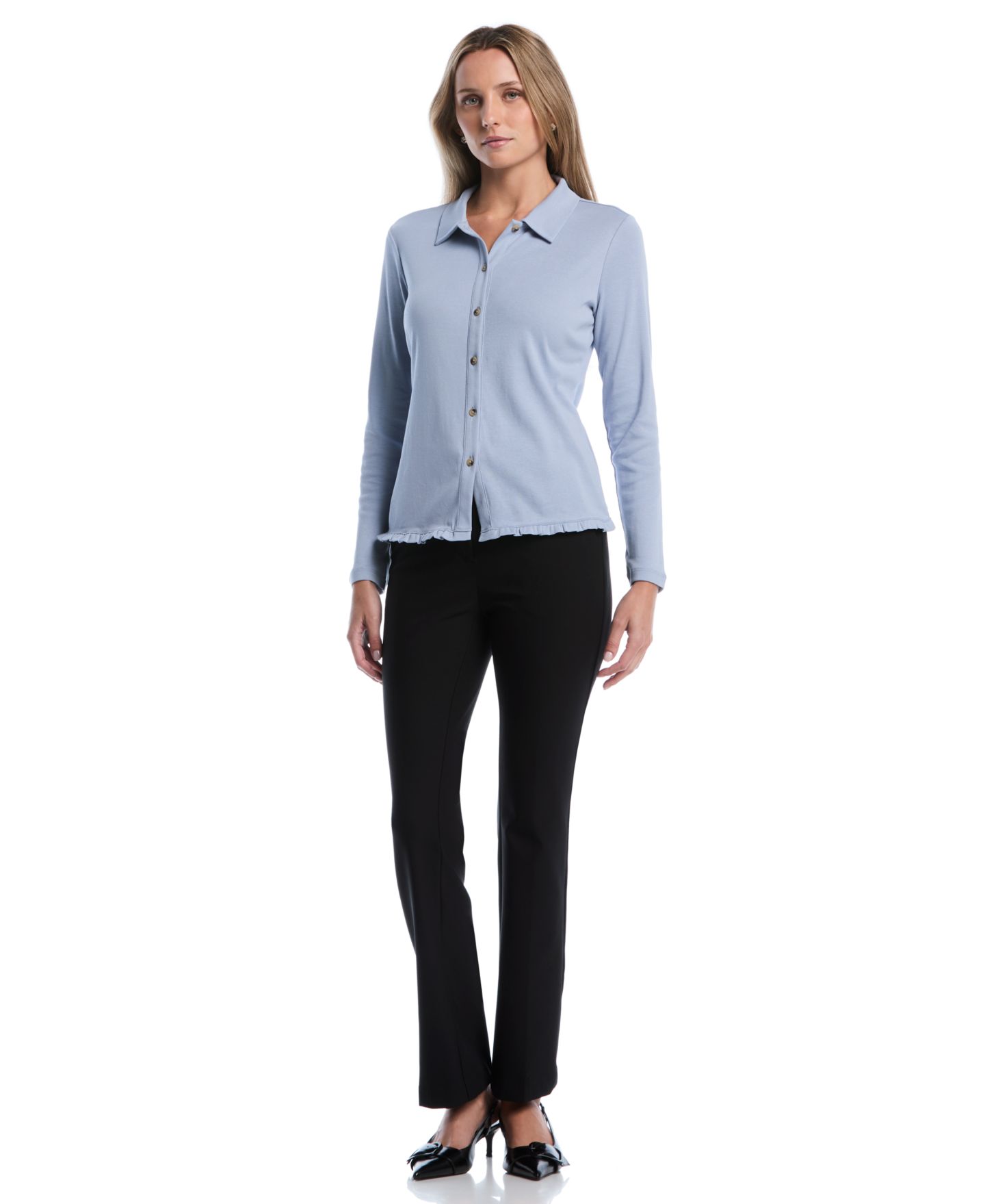 Женская рубашка Rafaella Petite Long-Sleeve Ruffle-Trim Cotton, цвет: Синий — фото 2