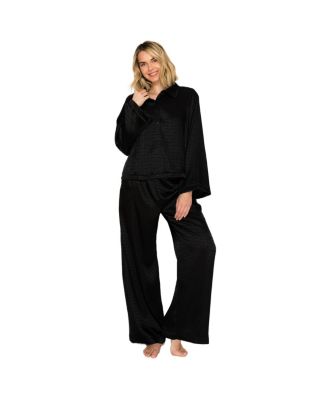 Women's Silky Jacquard Satin Long Sleeve and Wide Leg Pajama Set