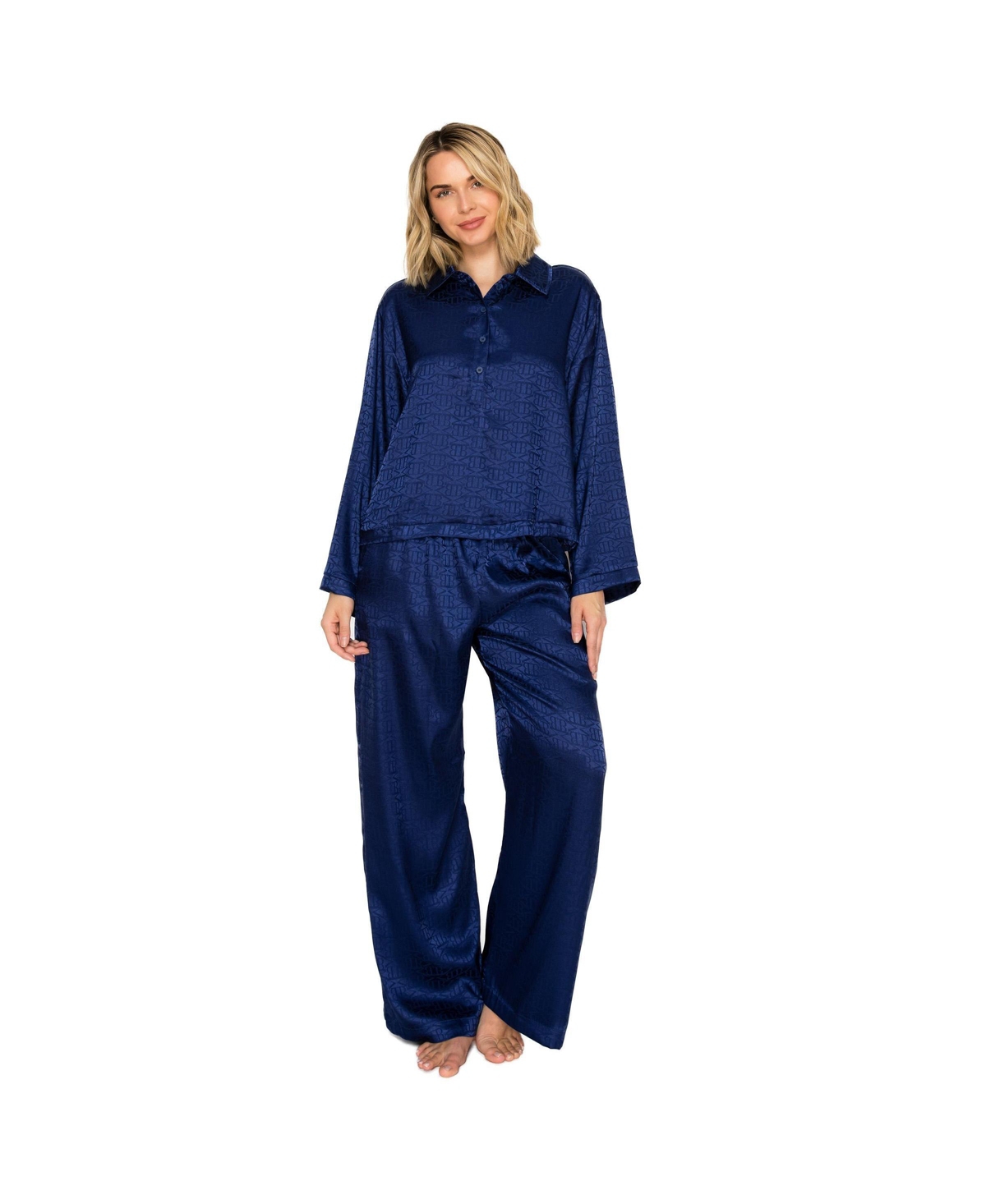 Badgley Mischka Women's Silky Jacquard Satin Long Sleeve and Wide Leg Pajama Set - Blueberry